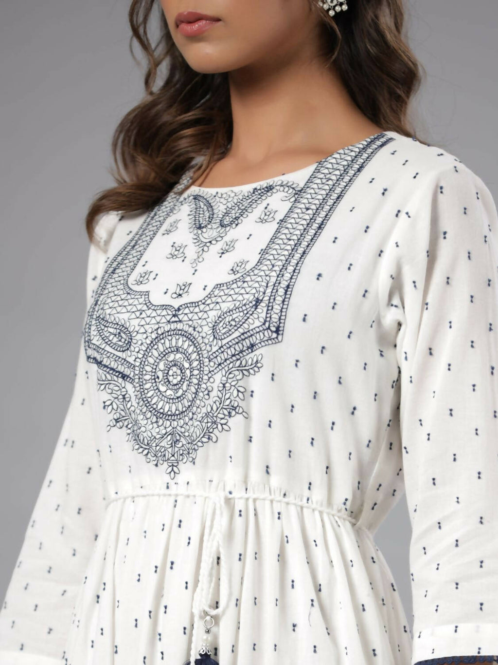 Juniper Women Off-White Cotton Dobby Embroidered Tiered Maxi Dress