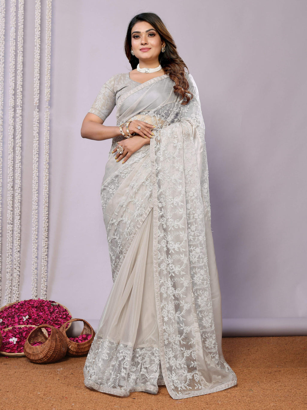 Grey Glass Tissue,Net Embroidered Saree With Stitched Blouse - Nimaya Kaksha