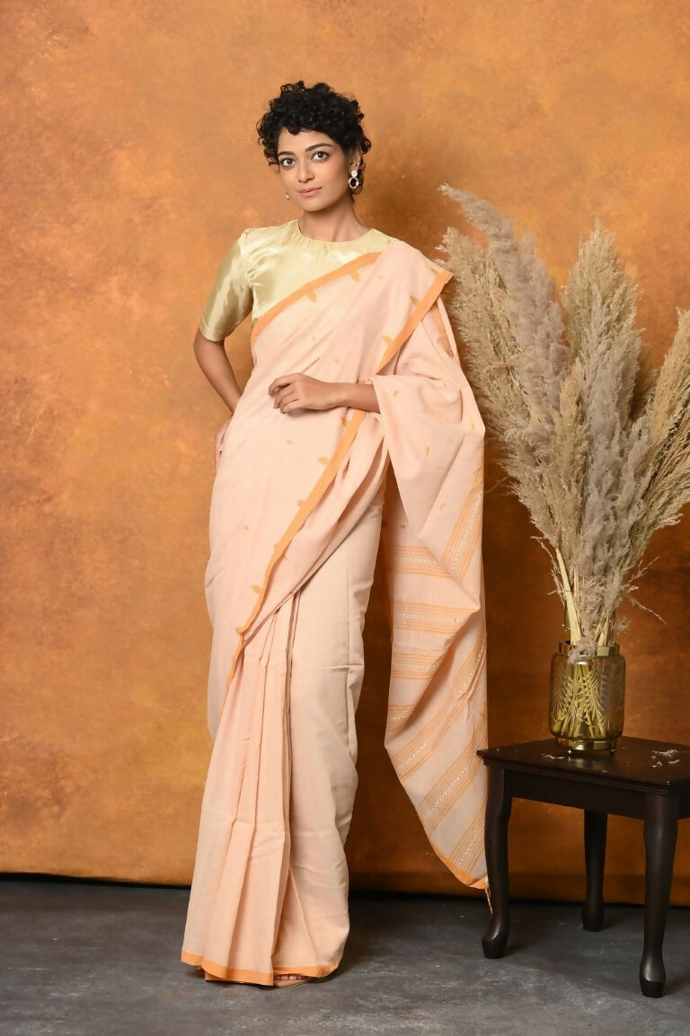 Very Much Indian Handloom Pure Cotton Saree With Sleek Border - Light Peach