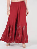 Mominos Fashion Maroon Viscose Rayon Flared Palazzo with Mirror Lace Work