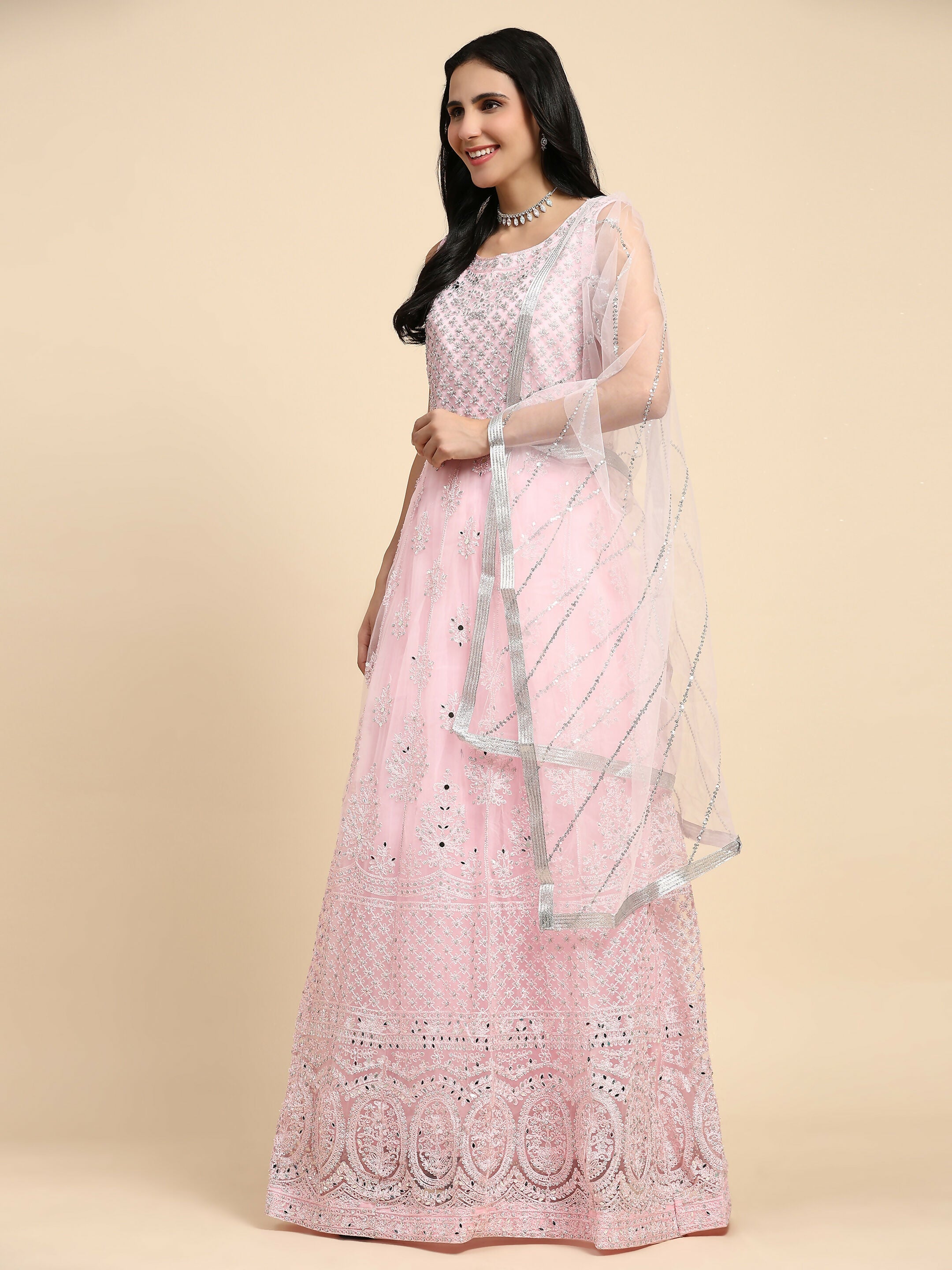 Pink Net Hand Embroidered Gown - Rudrani