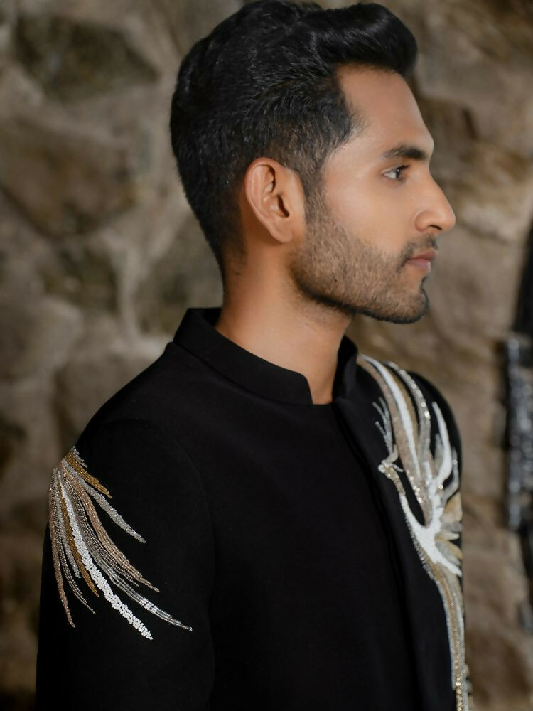 Black Bandhgala Elegance – Peacock Embroidery by Hilo Design