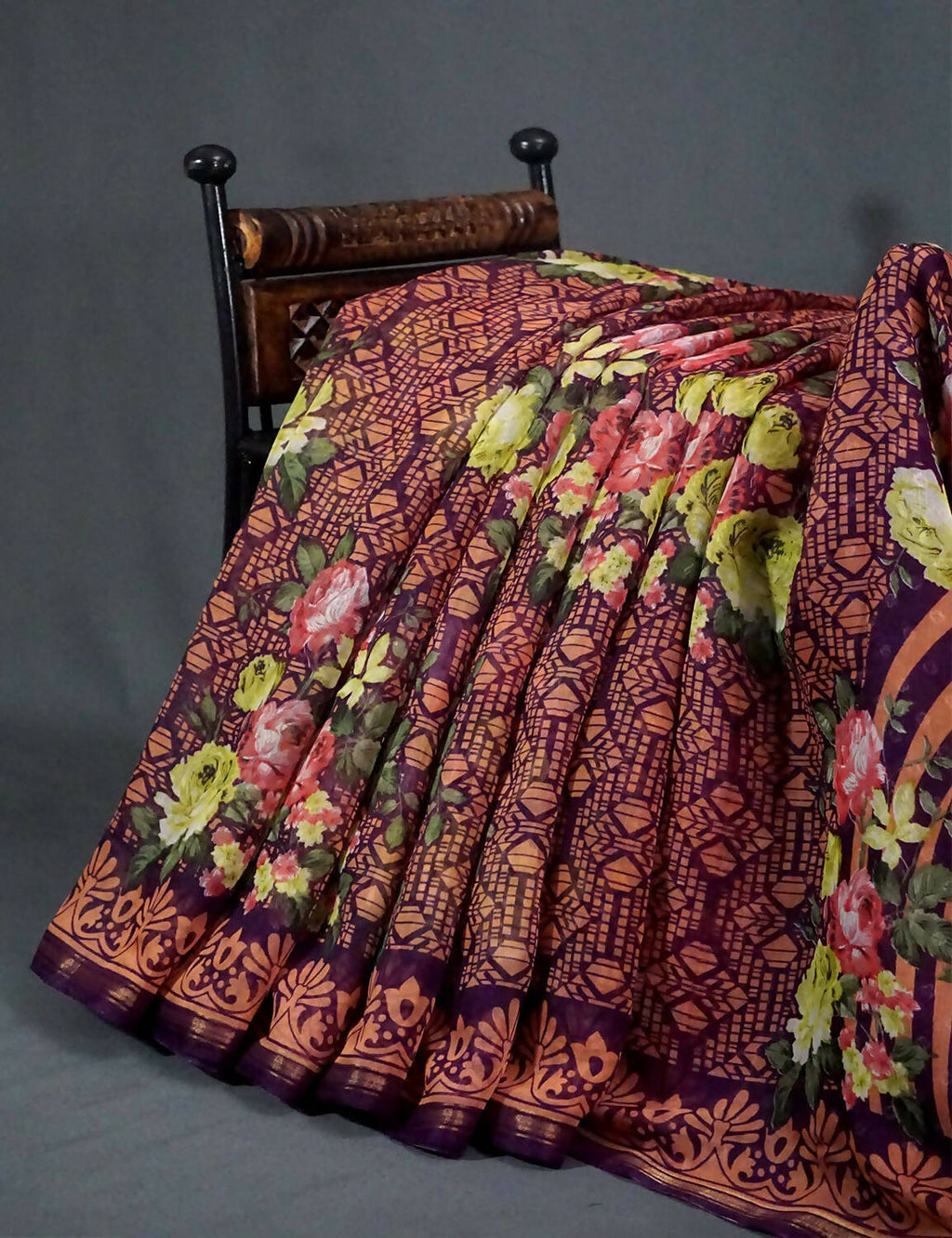 Shades Of Burgundy Floral Design Semi Chanderi Saree By Gayathri Reddy Designer Studio