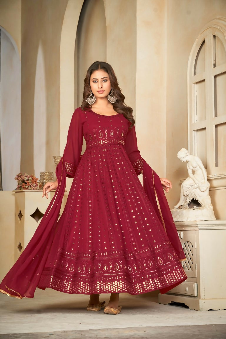 Jyoti Fashion Women's Maroon Georgette Embroidered Anarkali Kurta Pant Set With Dupatta