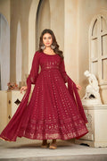 Jyoti Fashion Women's Maroon Georgette Embroidered Anarkali Kurta Pant Set With Dupatta