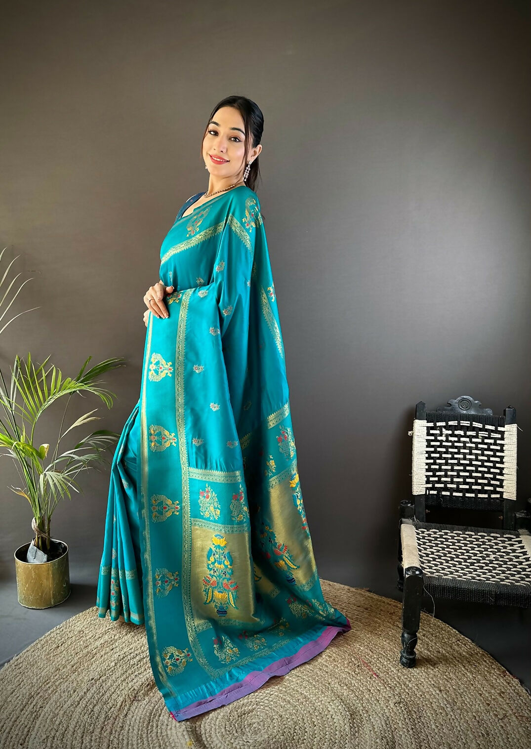 Joban Fashion Teal Meenakari Weaving Paithani Sarees