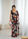 PR Fashion Black Georgette Printed With Mirror Work Saree