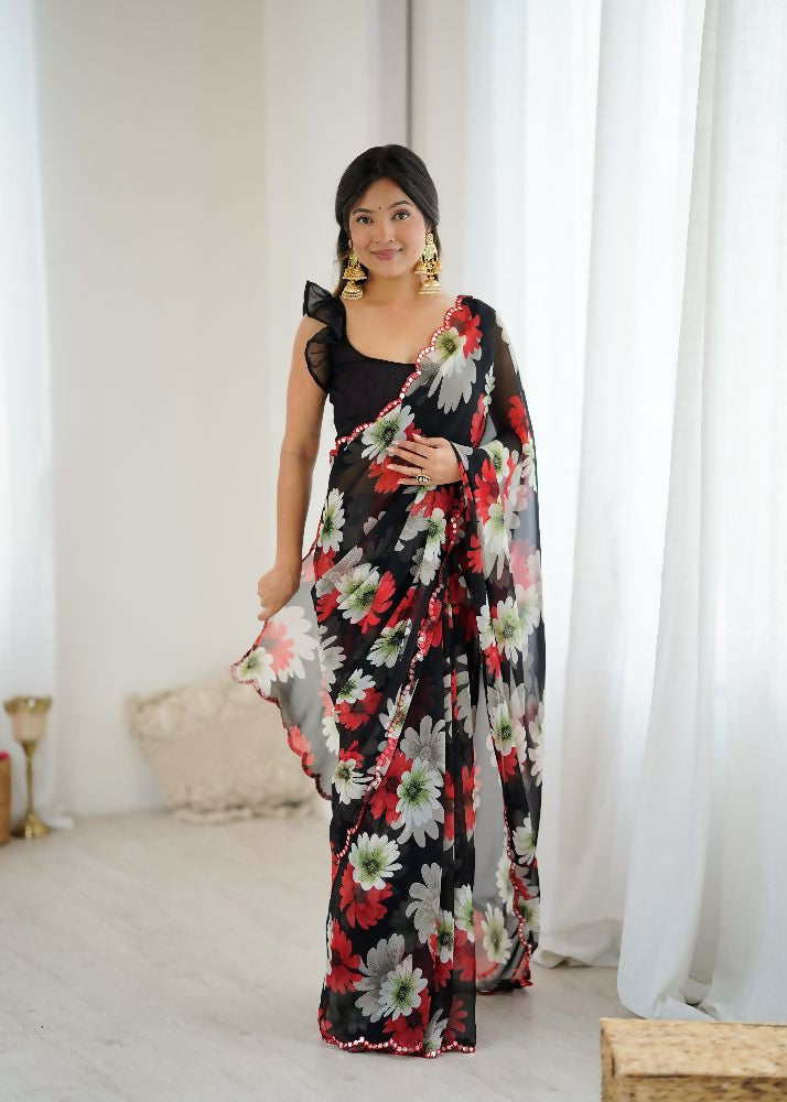 PR Fashion Black Georgette Printed With Mirror Work Saree