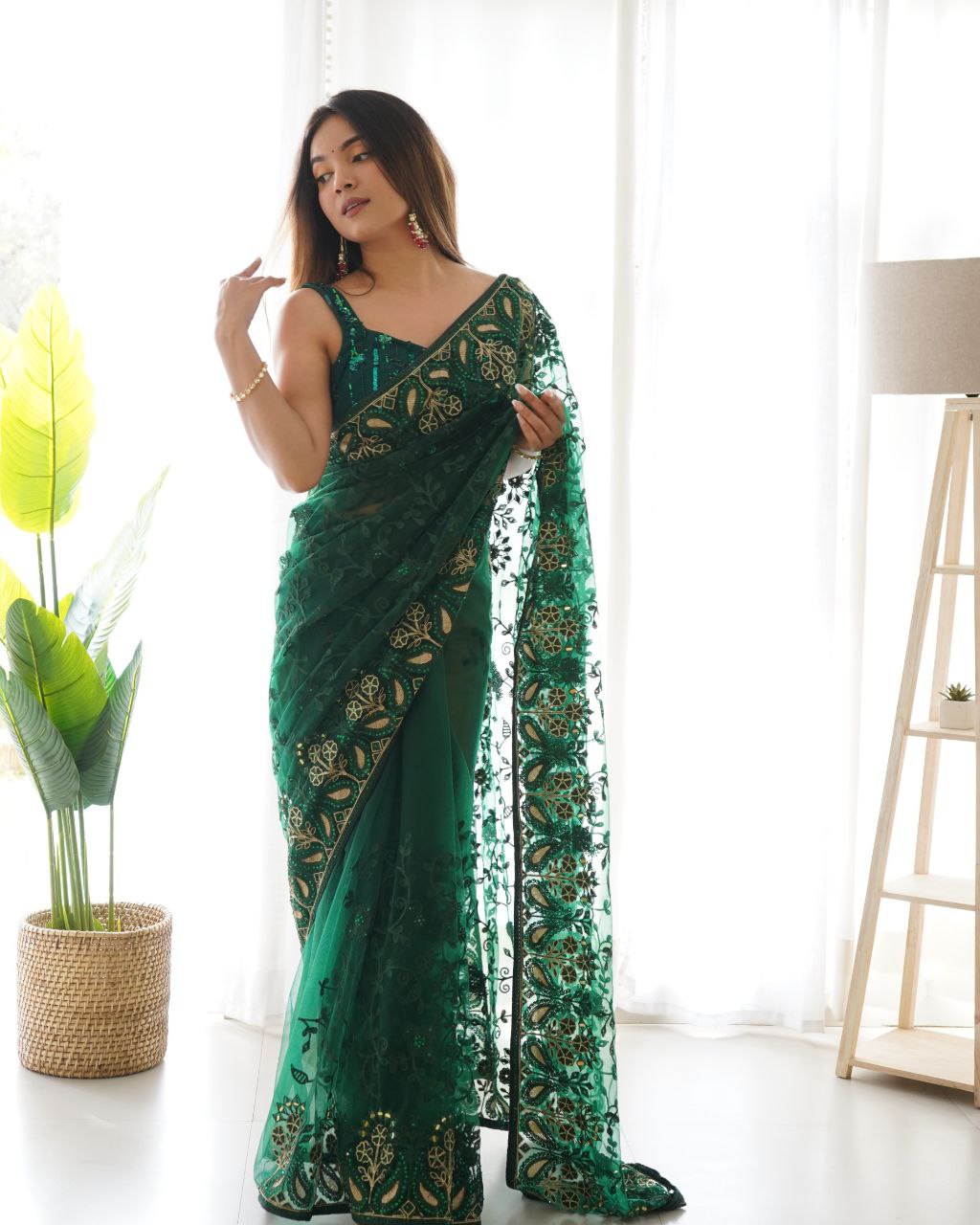 Teeya Creation Green Color Butterfly Net Heavy Zari Work Ston And Mirror Work Saree