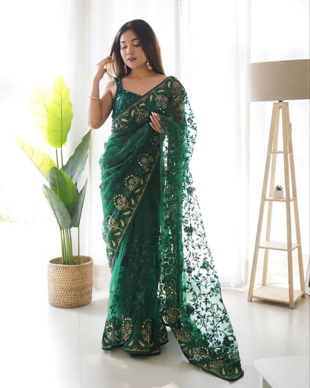 Teeya Creation Green Color Butterfly Net Heavy Zari Work Ston And Mirror Work Saree