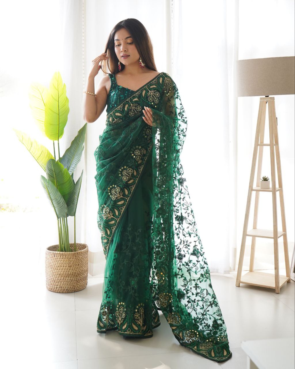 Teeya Creation Green Color Butterfly Net Heavy Zari Work Ston And Mirror Work Saree