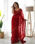 Teeya Creation Red Color Butterfly Net Heavy Zari Work Ston And Mirror Work Saree