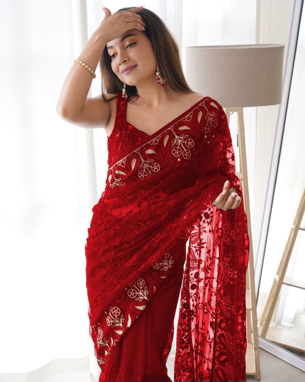 Teeya Creation Red Color Butterfly Net Heavy Zari Work Ston And Mirror Work Saree