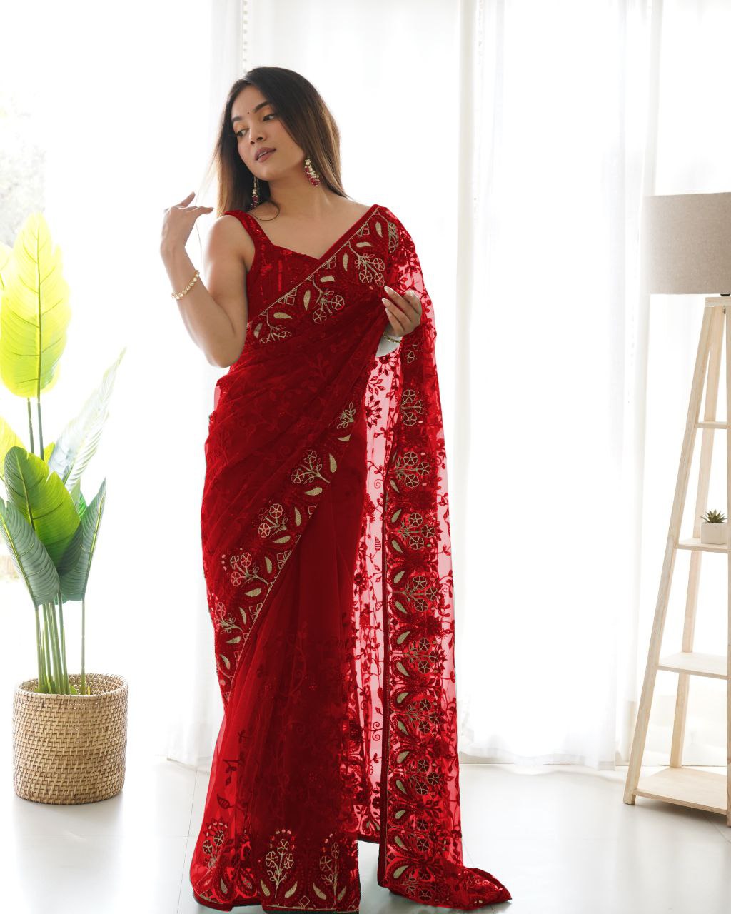 Teeya Creation Red Color Butterfly Net Heavy Zari Work Ston And Mirror Work Saree