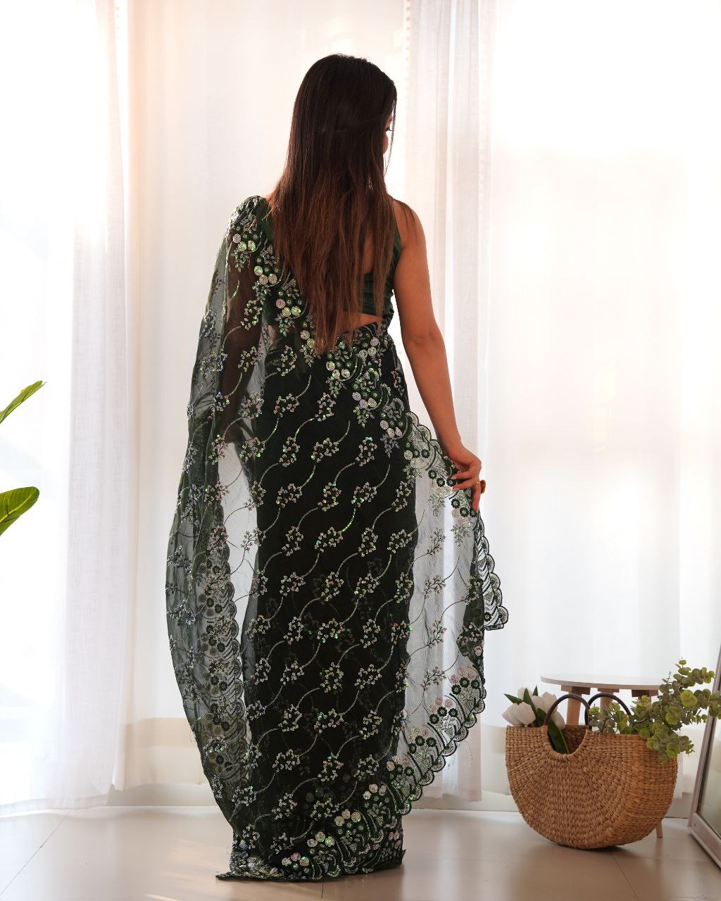 Teeya Creation Green Color Simar Blooming Emrblodiery Sequence Work Saree