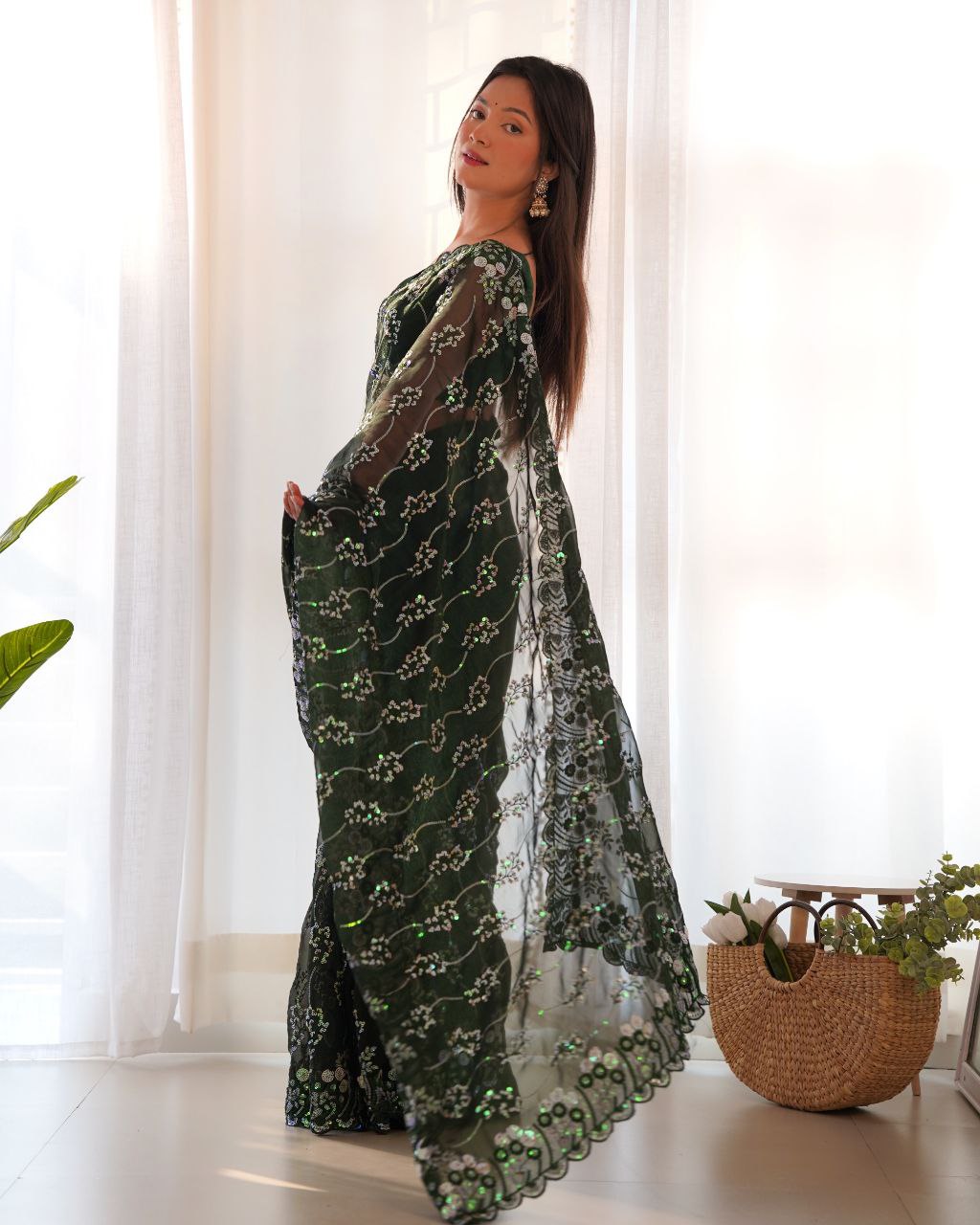 Teeya Creation Green Color Simar Blooming Emrblodiery Sequence Work Saree