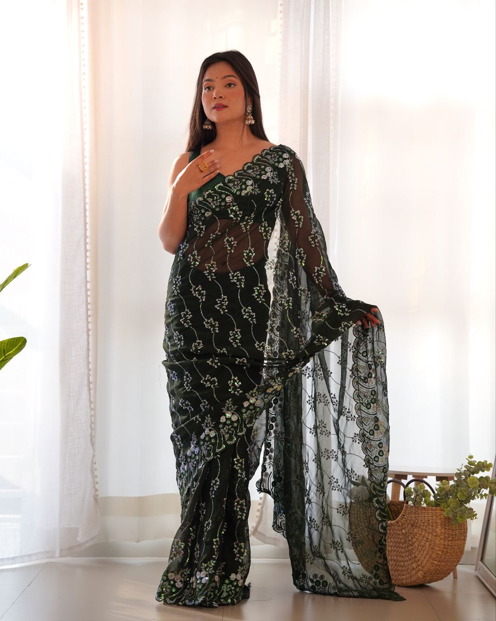 Teeya Creation Green Color Simar Blooming Emrblodiery Sequence Work Saree