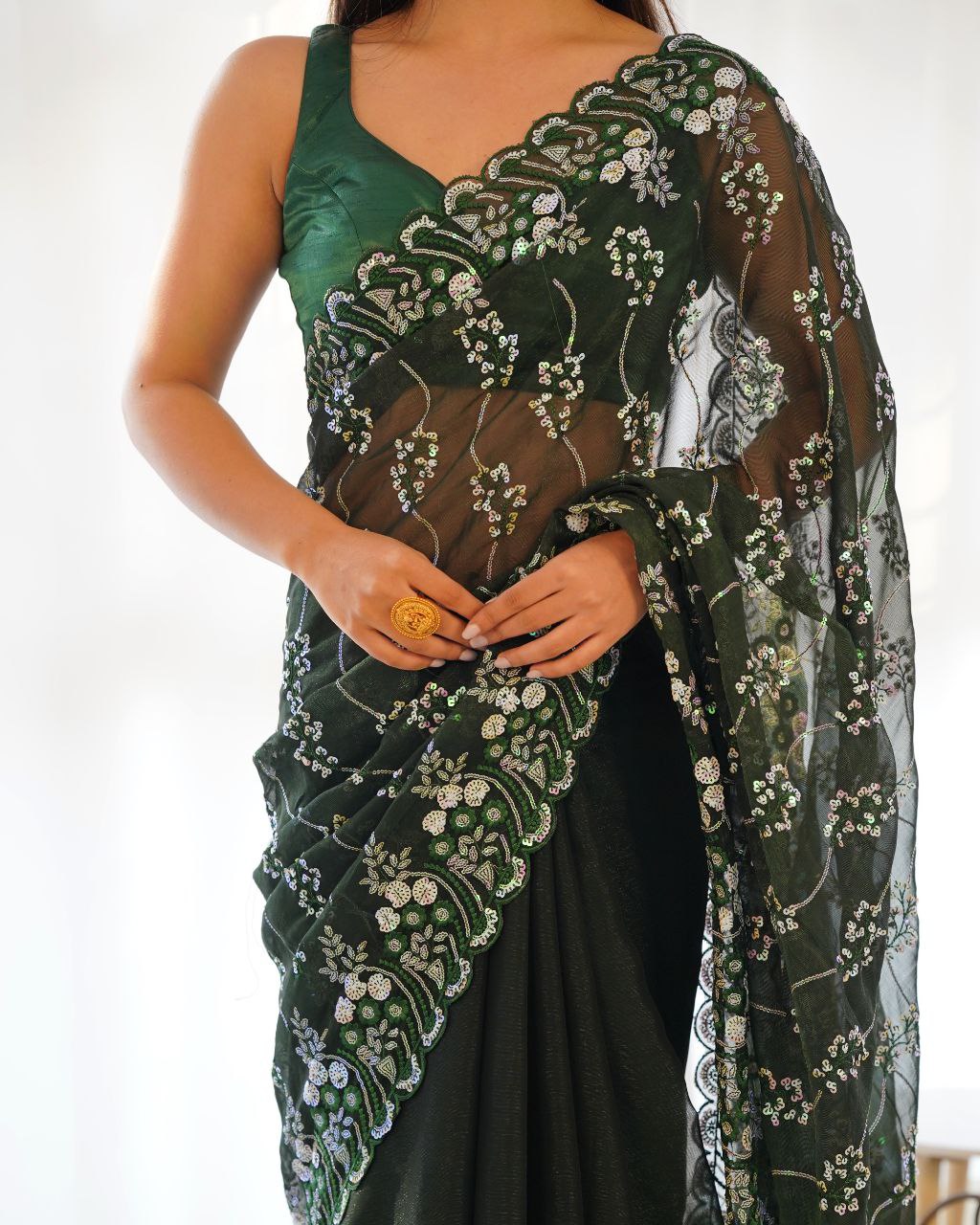 Teeya Creation Green Color Simar Blooming Emrblodiery Sequence Work Saree