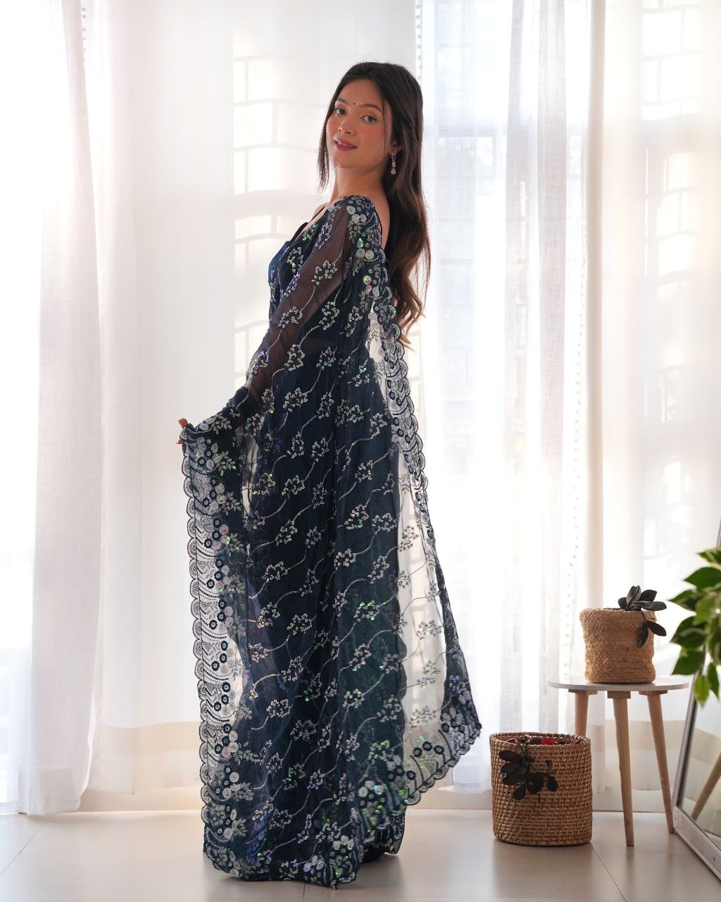 Teeya Creation Navy Blue Color Simar Blooming Emrblodiery Sequence Work Saree