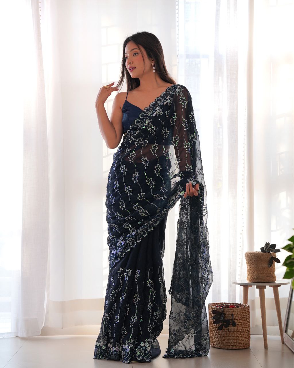 Teeya Creation Navy Blue Color Simar Blooming Emrblodiery Sequence Work Saree