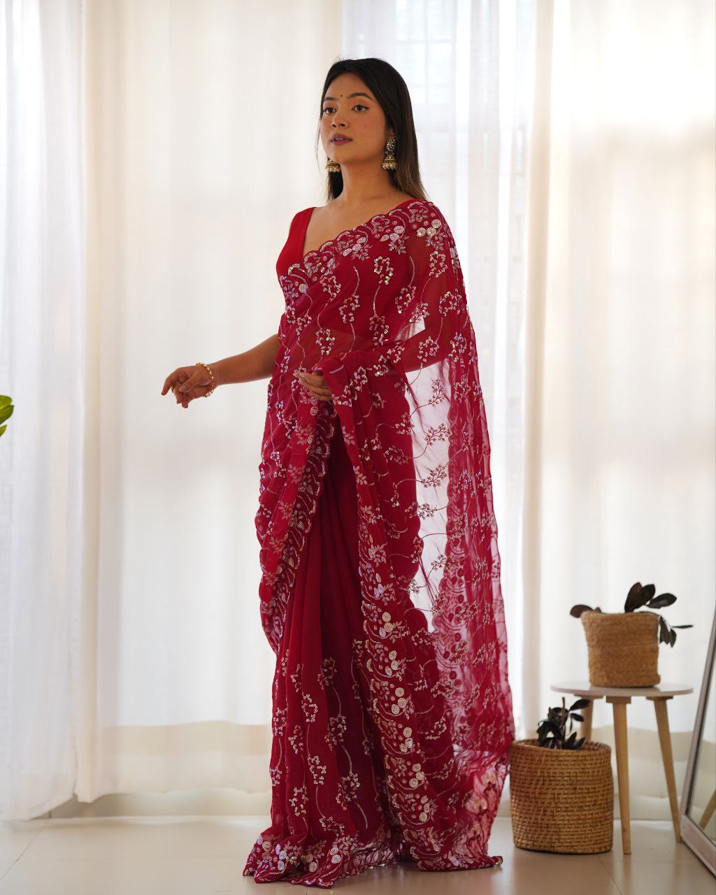 Teeya Creation Red Color Simar Blooming Emrblodiery Sequence Work Saree