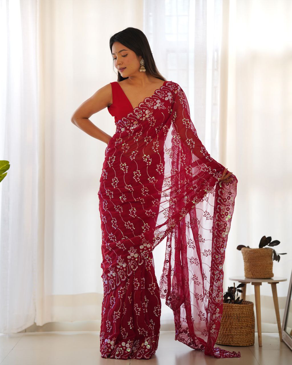 Teeya Creation Red Color Simar Blooming Emrblodiery Sequence Work Saree