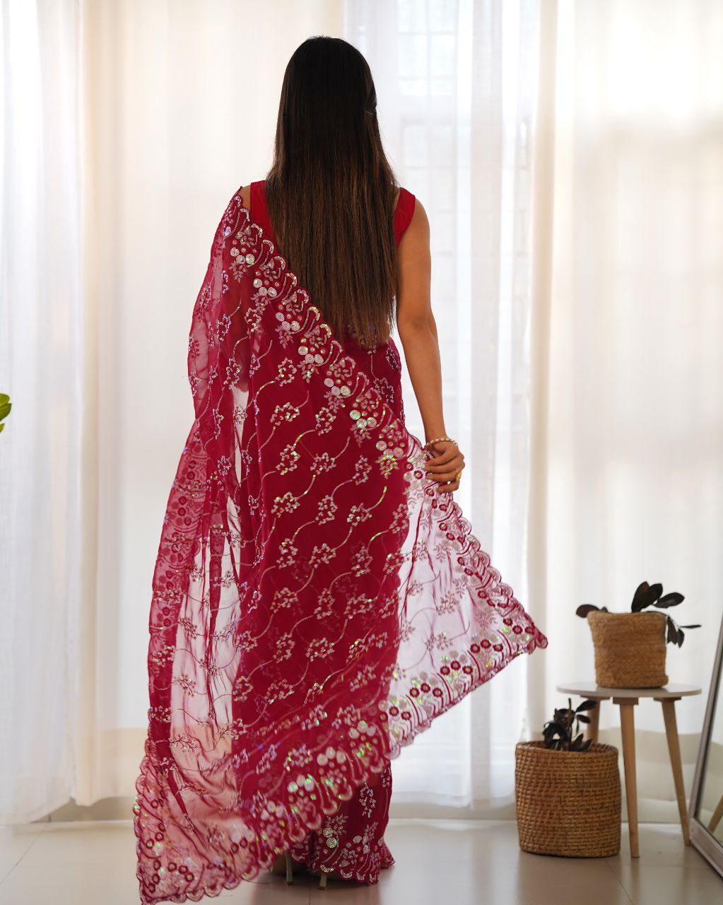 Teeya Creation Red Color Simar Blooming Emrblodiery Sequence Work Saree