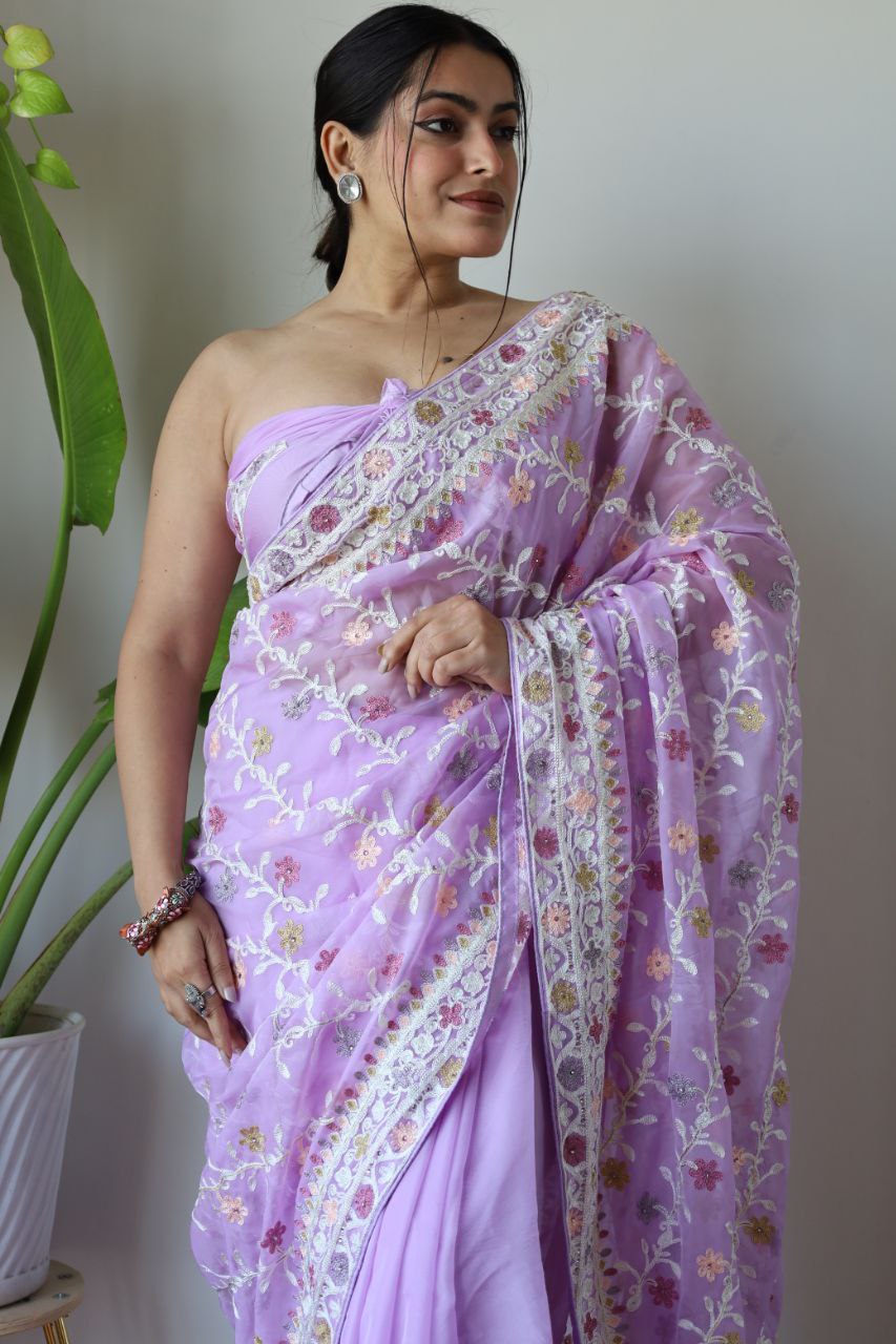Teeya Creation Lavender Color Butterfly Net Heavy Embroidery Work Saree