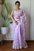 Teeya Creation Lavender Color Butterfly Net Heavy Embroidery Work Saree