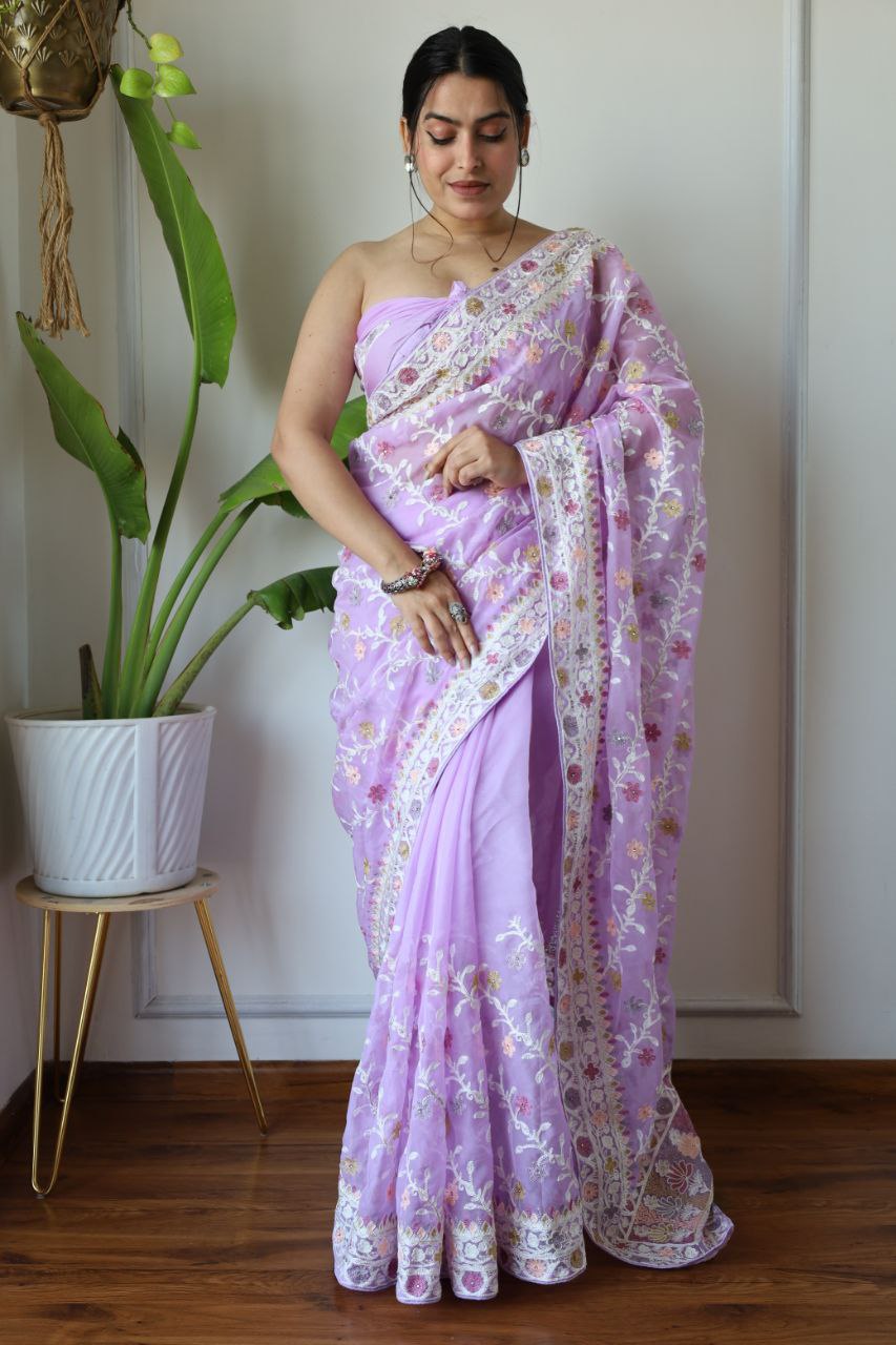 Teeya Creation Lavender Color Butterfly Net Heavy Embroidery Work Saree