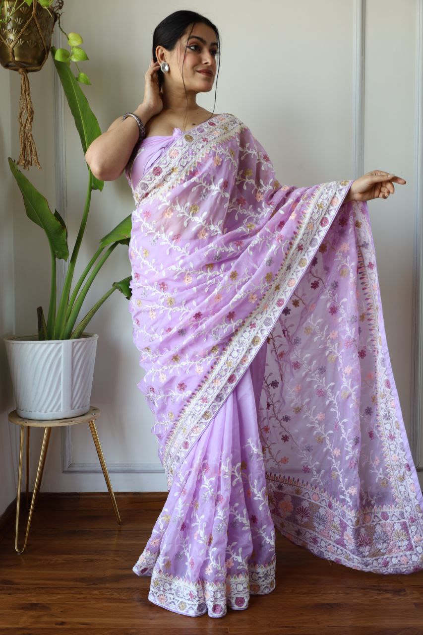 Teeya Creation Lavender Color Butterfly Net Heavy Embroidery Work Saree