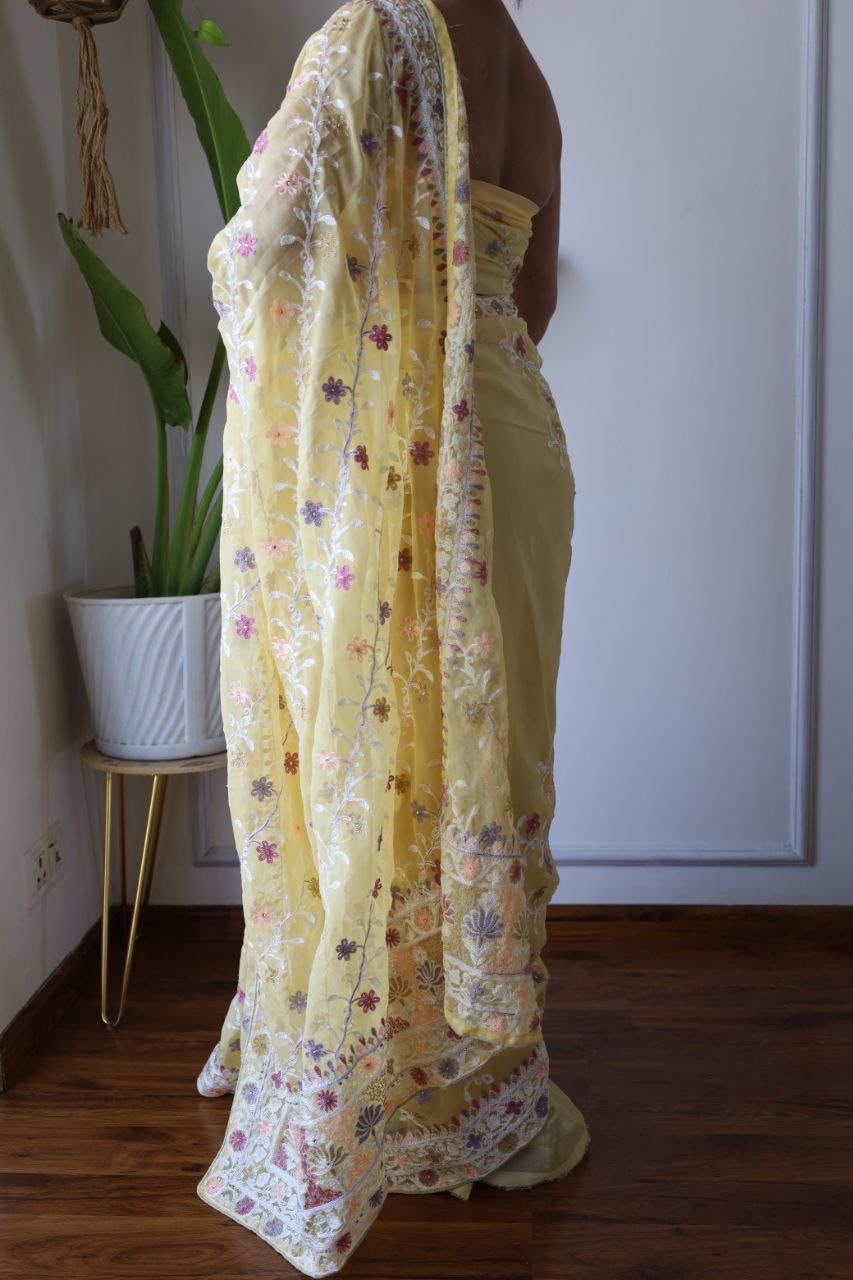 Teeya Creation Lemon Yellow Color Butterfly Net Heavy Embroidery Work Saree