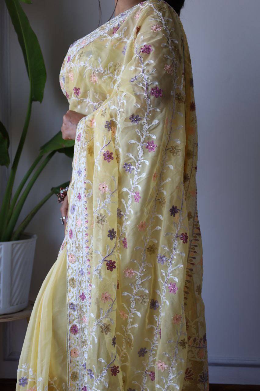 Teeya Creation Lemon Yellow Color Butterfly Net Heavy Embroidery Work Saree