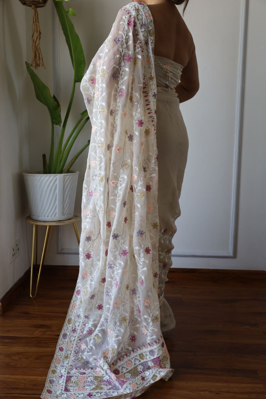 Teeya Creation Off White Color Butterfly Net Heavy Embroidery Work Saree