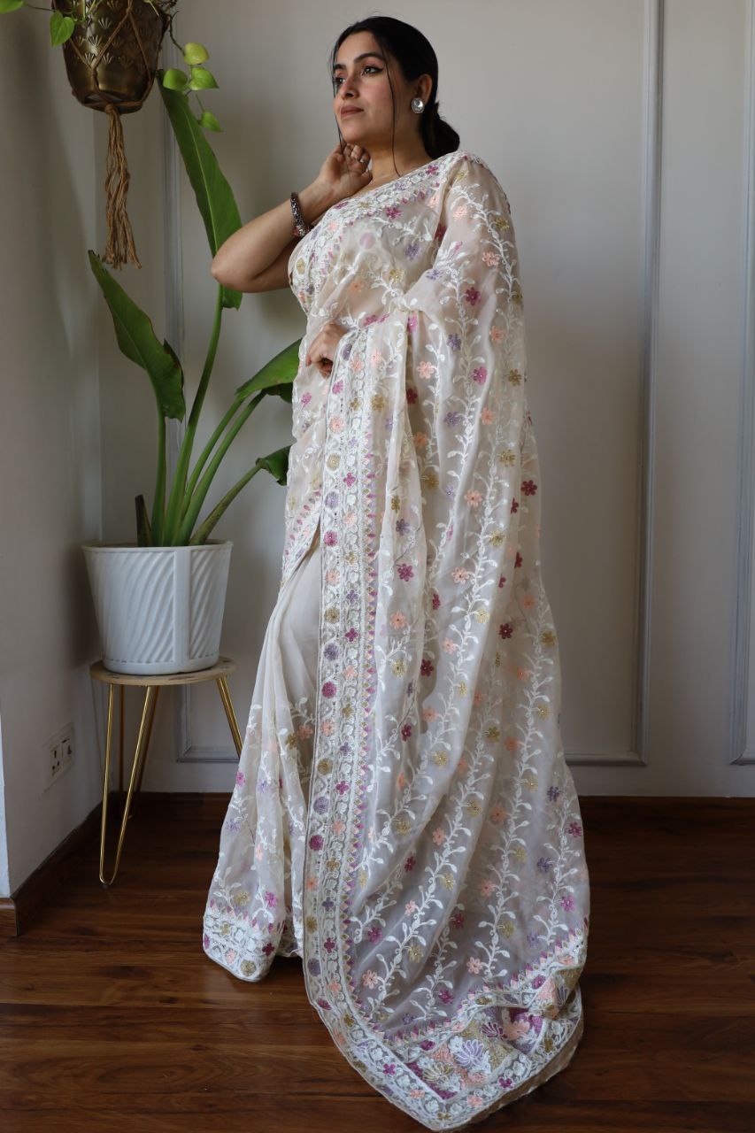 Teeya Creation Off White Color Butterfly Net Heavy Embroidery Work Saree