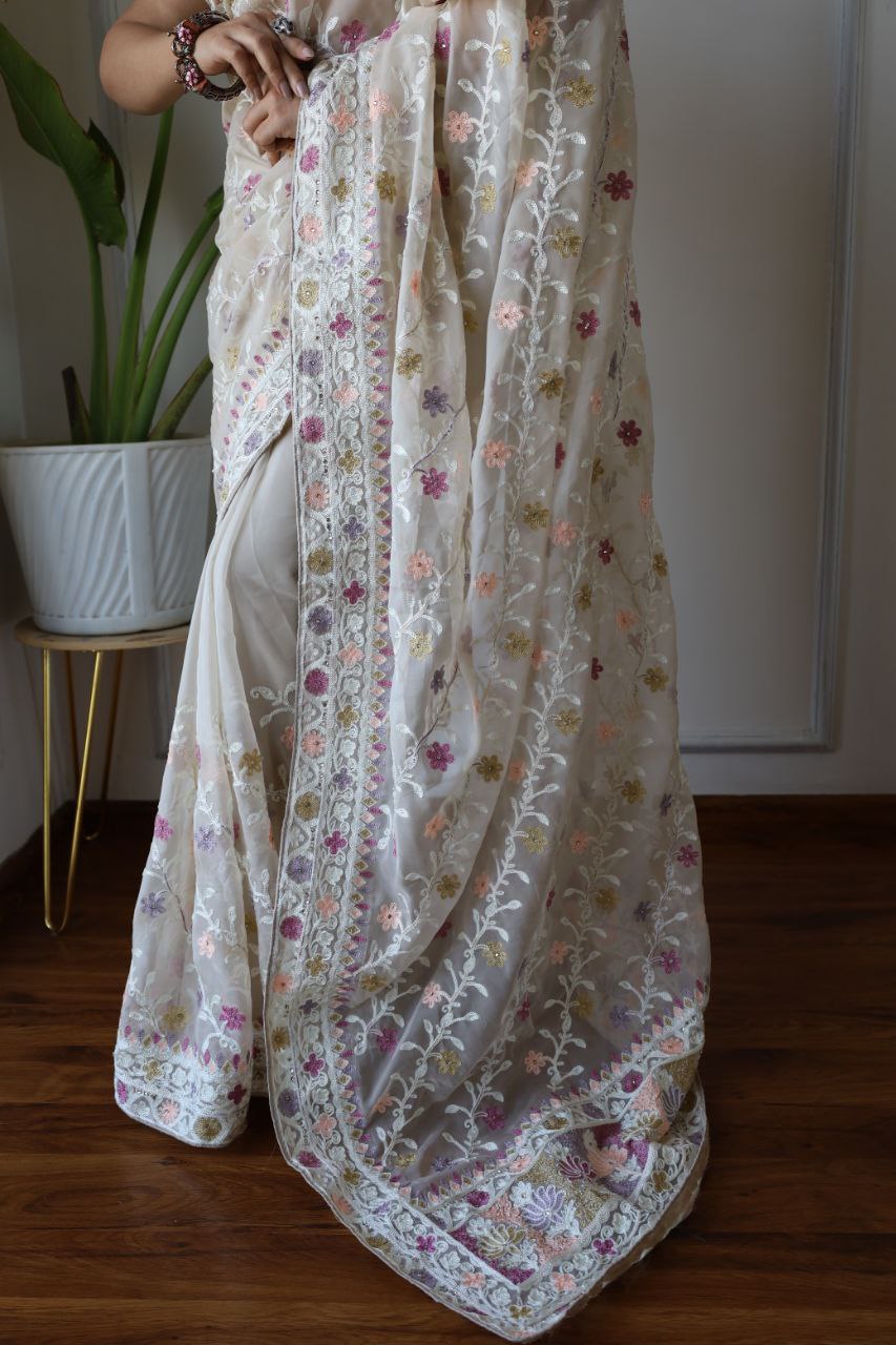 Teeya Creation Off White Color Butterfly Net Heavy Embroidery Work Saree