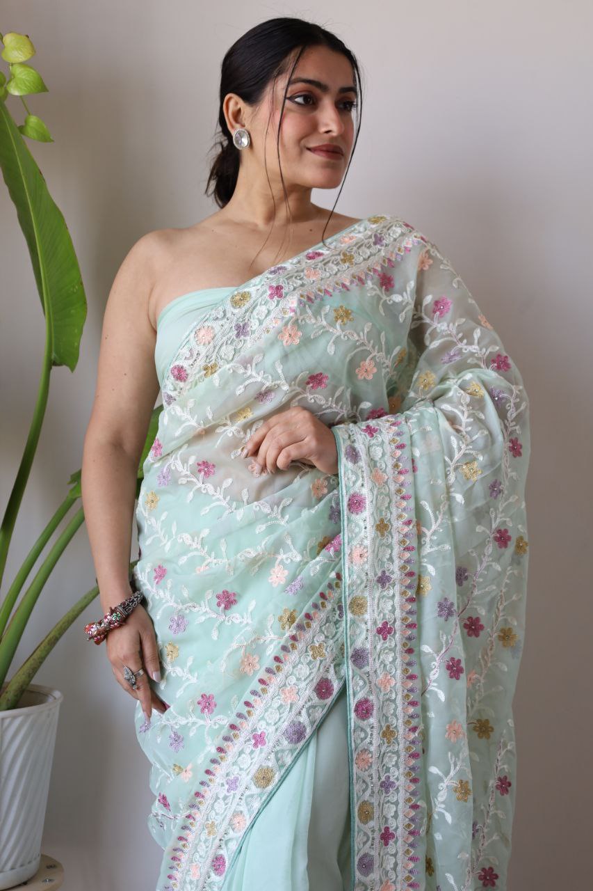 Teeya Creation Sky Color Butterfly Net Heavy Embroidery Work Saree