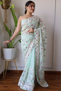 Teeya Creation Sky Color Butterfly Net Heavy Embroidery Work Saree