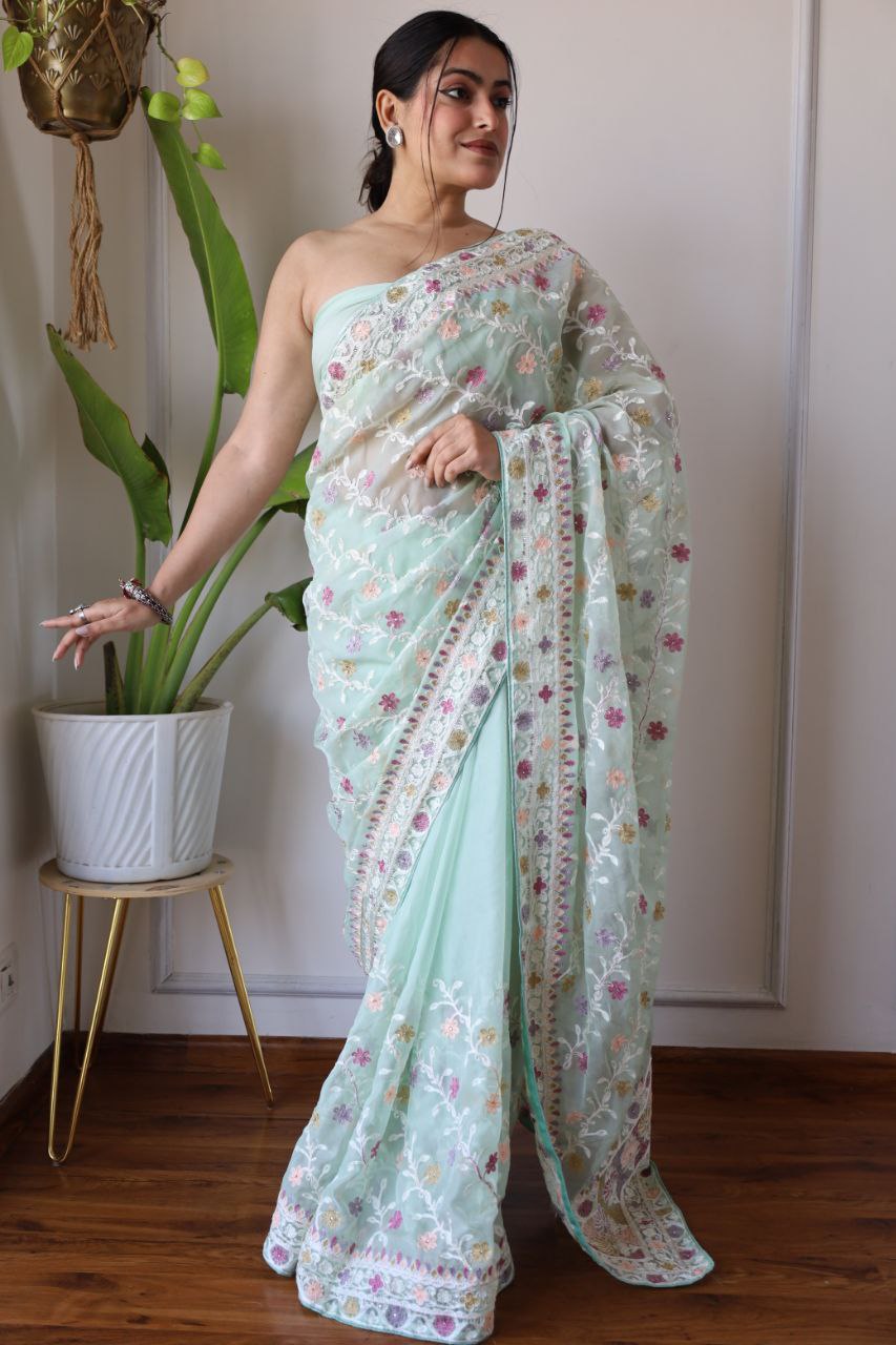Teeya Creation Sky Color Butterfly Net Heavy Embroidery Work Saree