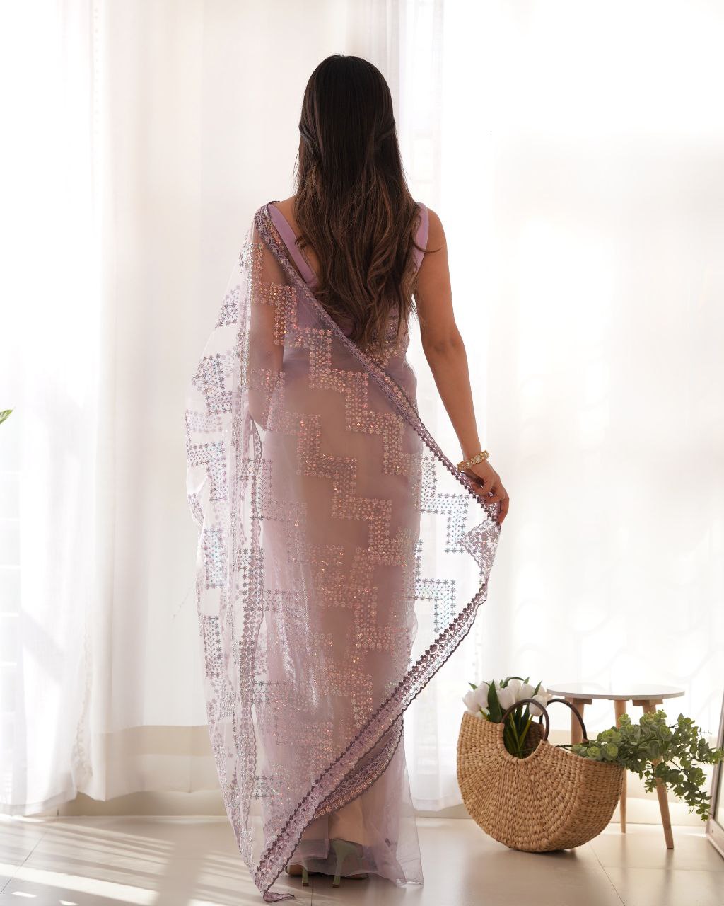 Teeya Creation Light Lavender Color Butterfly Net Heavy Work Saree