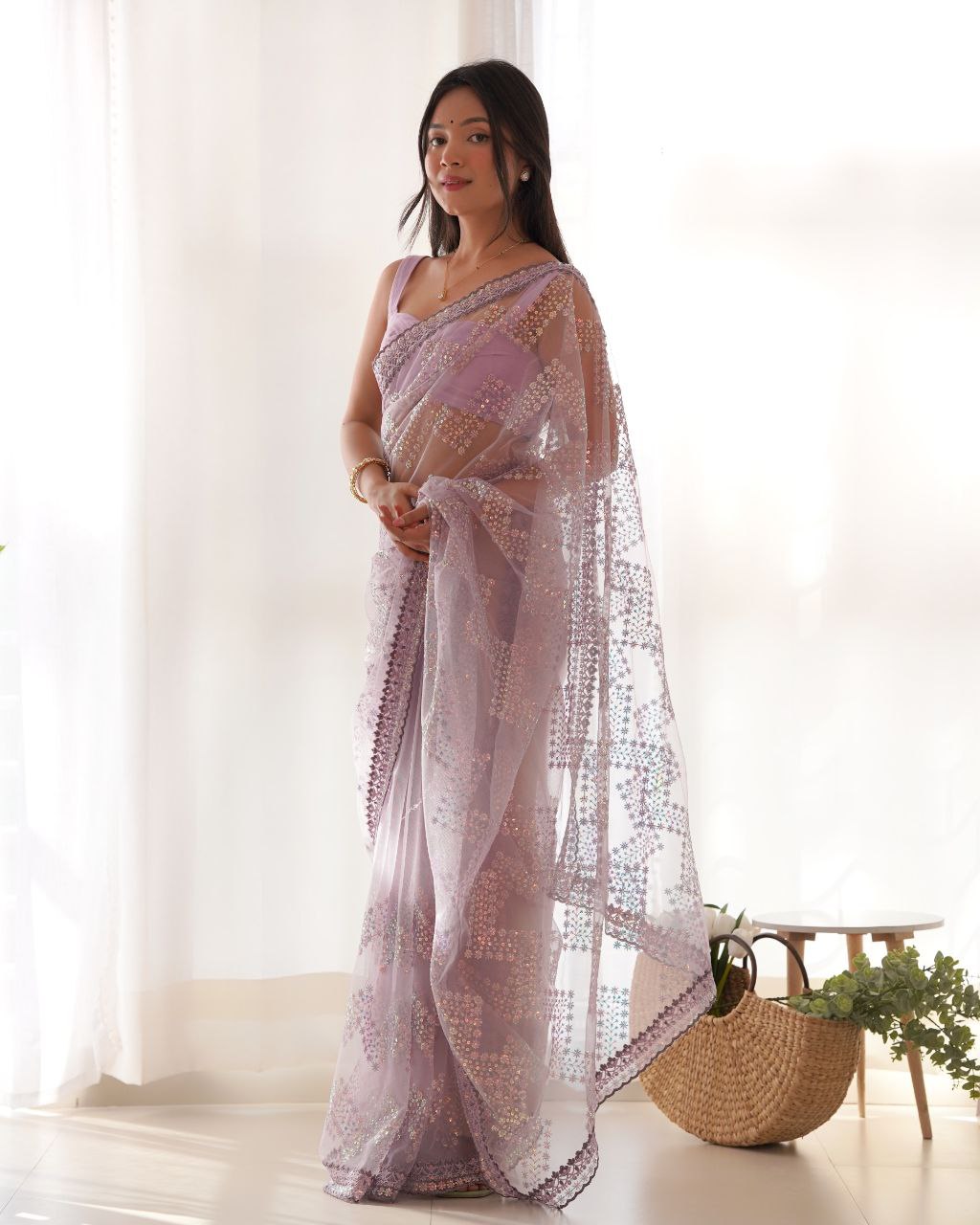 Teeya Creation Light Lavender Color Butterfly Net Heavy Work Saree