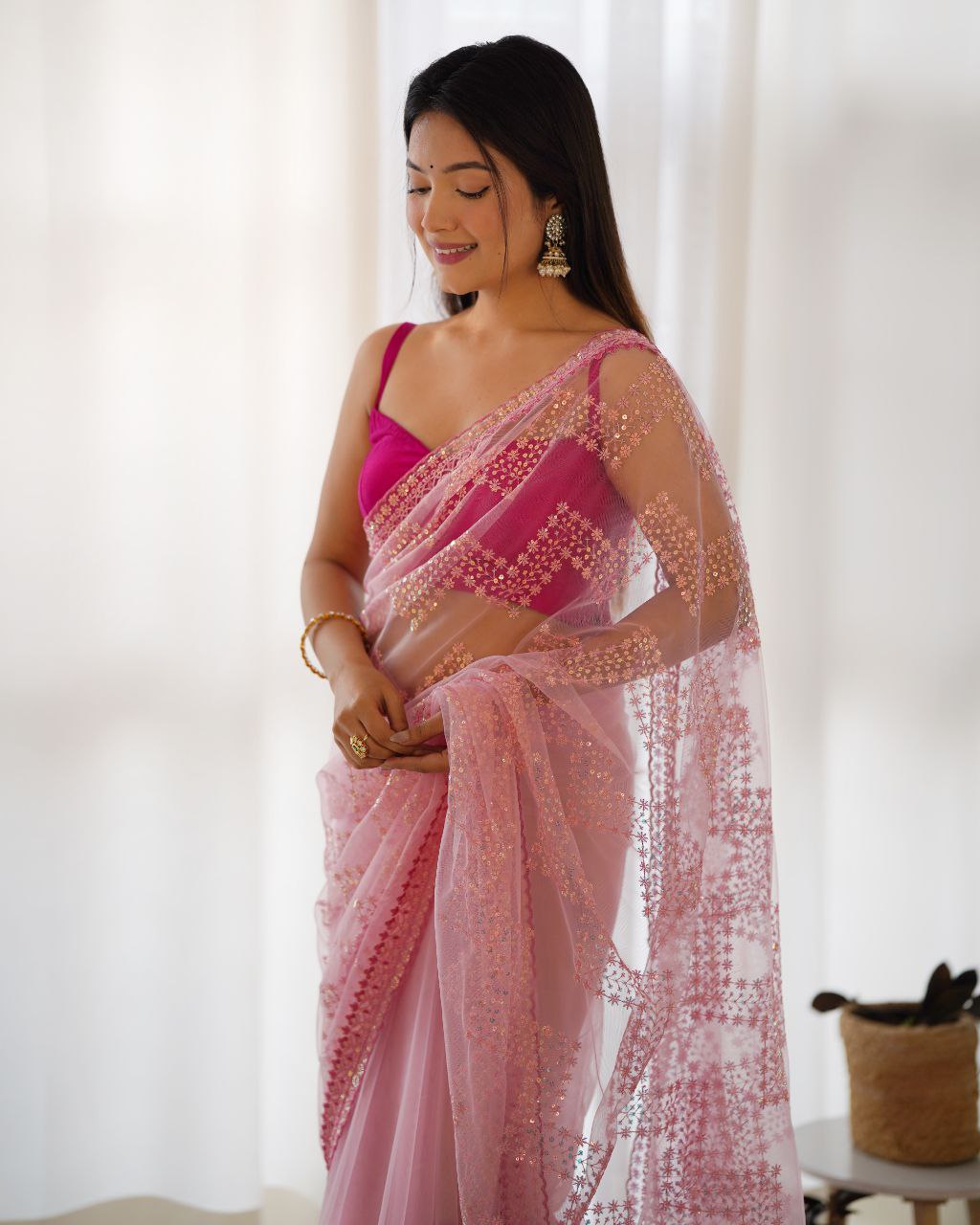 Teeya Creation Pink Color Butterfly Net Heavy Work Saree