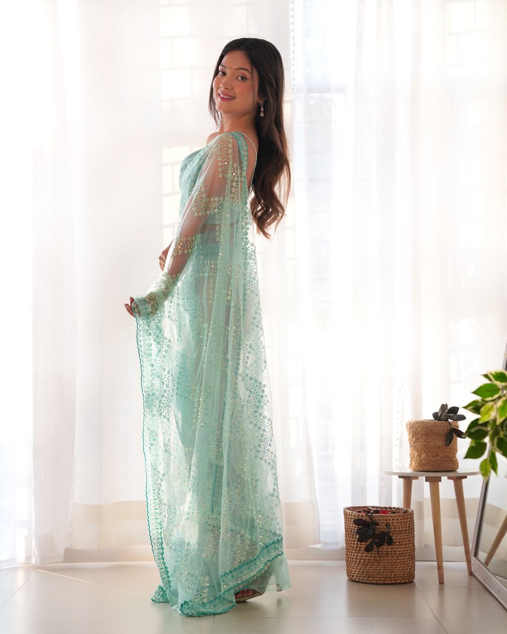 Teeya Creation Light Sky Color Butterfly Net Heavy Work Saree