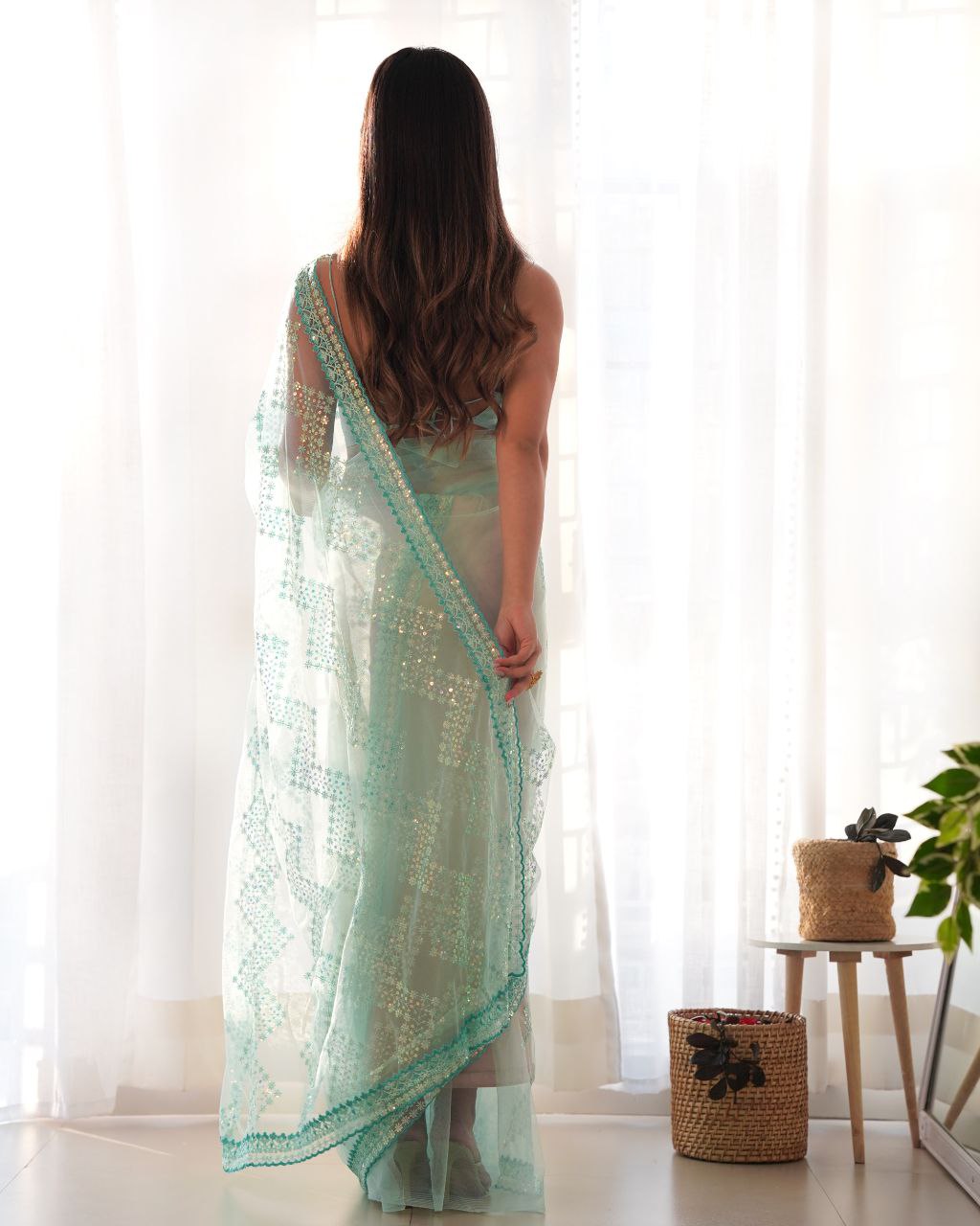 Teeya Creation Light Sky Color Butterfly Net Heavy Work Saree
