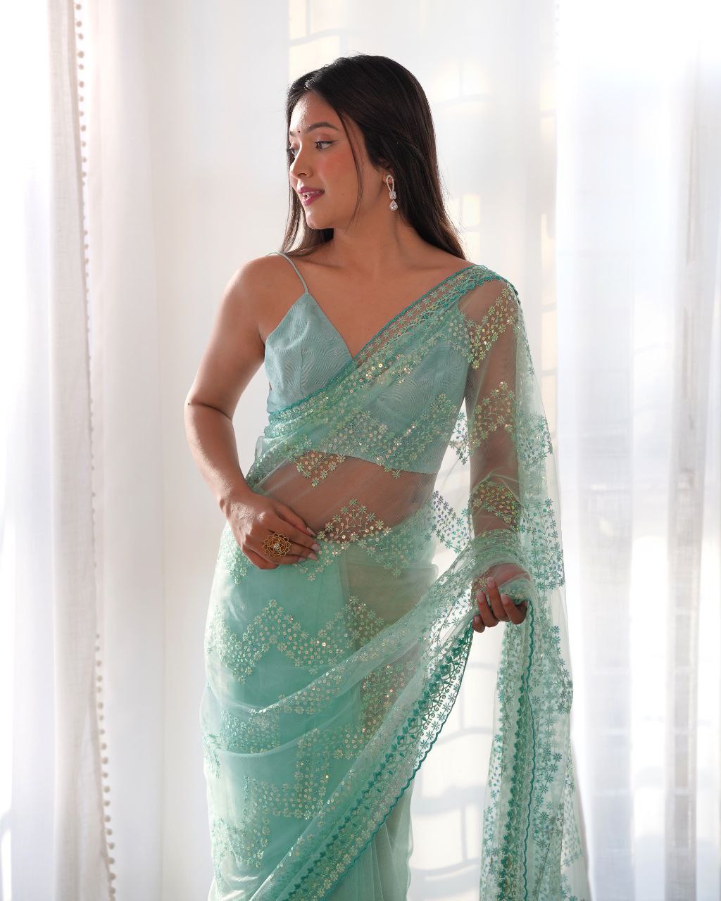 Teeya Creation Light Sky Color Butterfly Net Heavy Work Saree