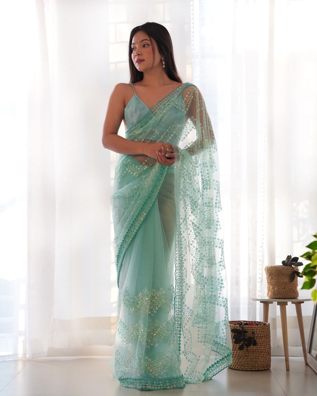 Teeya Creation Light Sky Color Butterfly Net Heavy Work Saree
