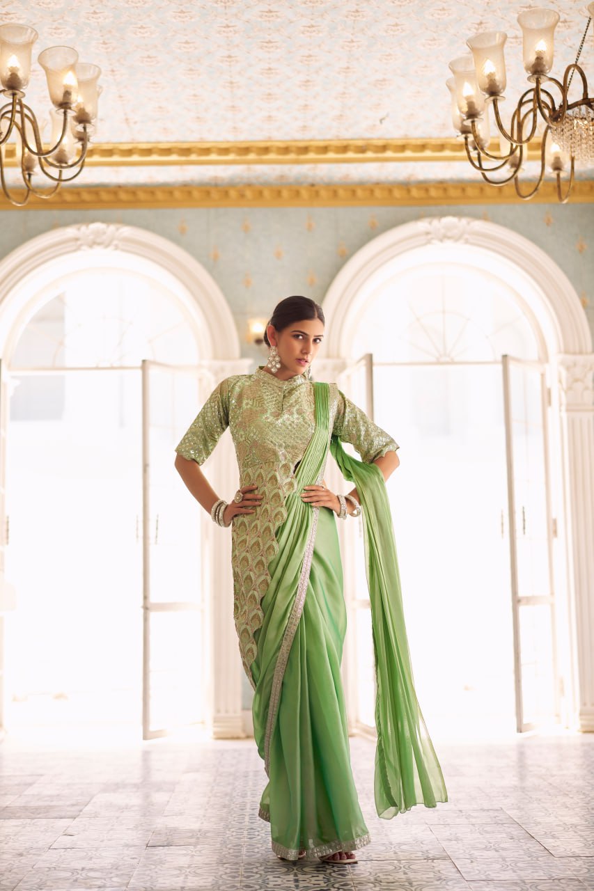 Teeya Creation Green Color Chinnon Silk Embroidery Work Ready To Wear Saree With Stitched blouse