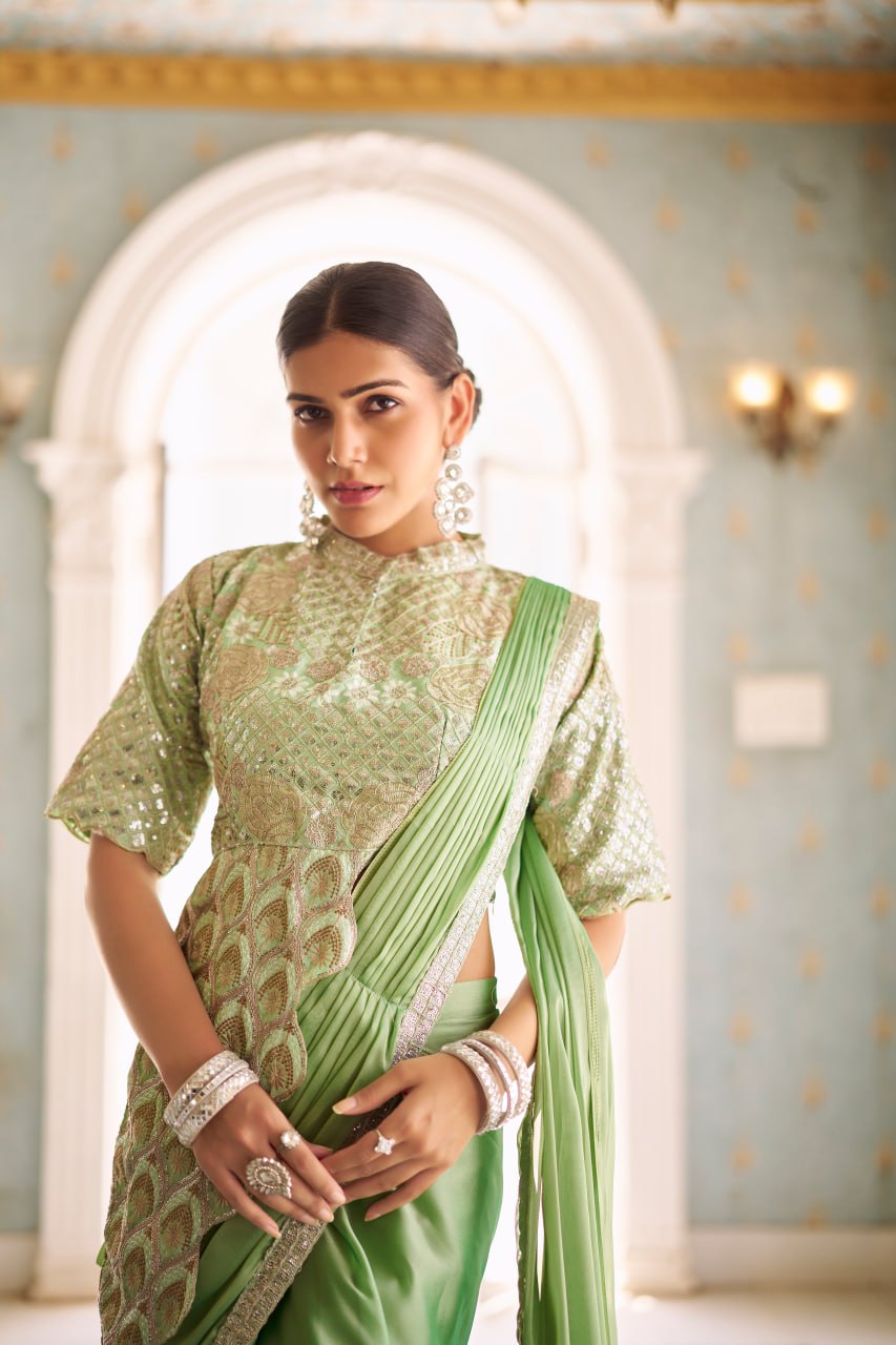 Teeya Creation Green Color Chinnon Silk Embroidery Work Ready To Wear Saree With Stitched blouse