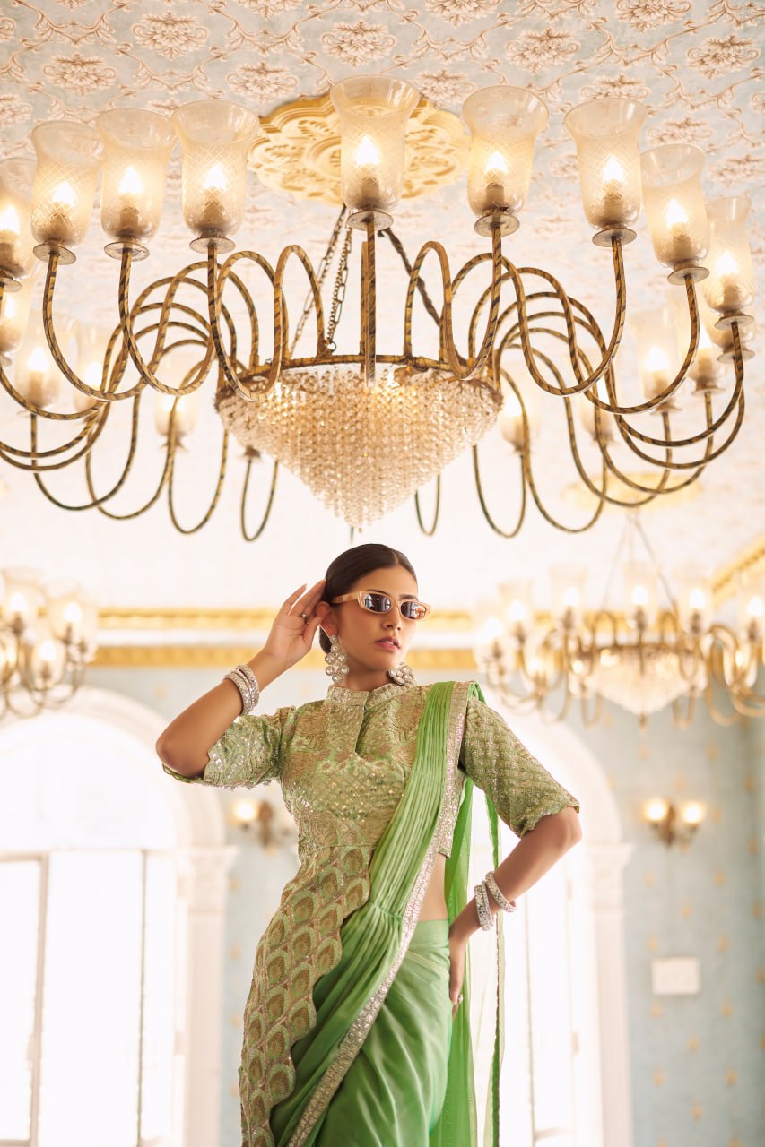 Teeya Creation Green Color Chinnon Silk Embroidery Work Ready To Wear Saree With Stitched blouse