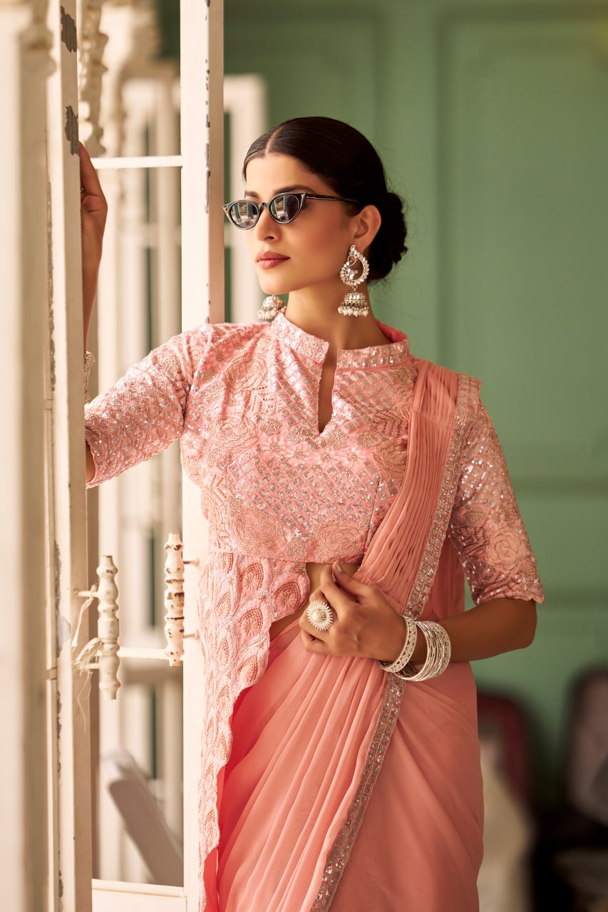 Teeya Creation Peach Color Chinnon Silk Embroidery Work Ready To Wear Saree With Stitched blouse